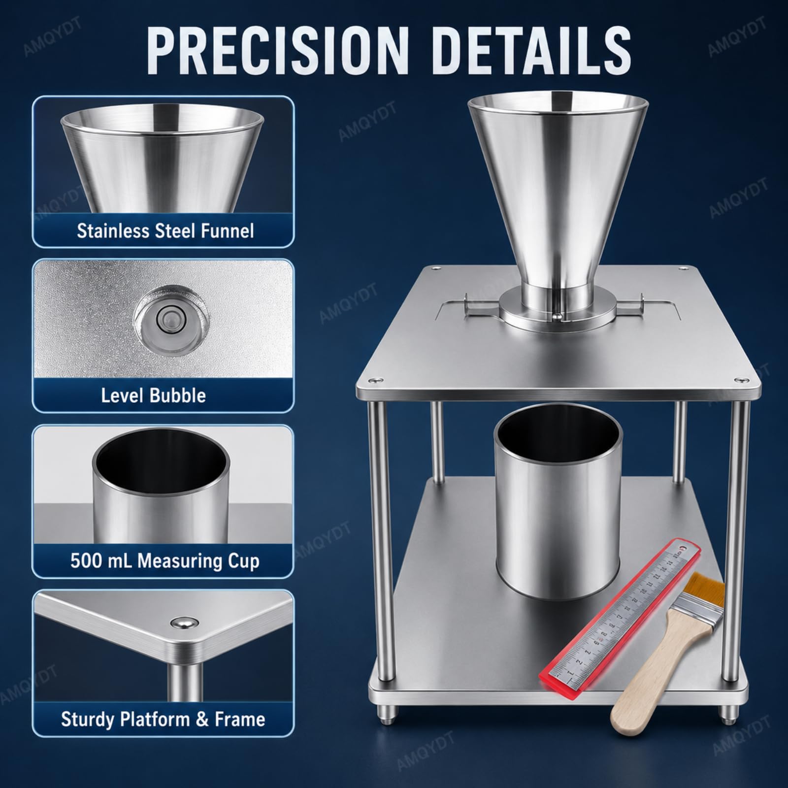 Medidor De Densidad Aparente De Polvo, Volumétrico De Acumulación Natural, Densímetro De Acero Inoxidable con Vaso Medidor De 500 Ml Y Salida De Embudo De 30 Mm para Polvos De Metal Y Aleación