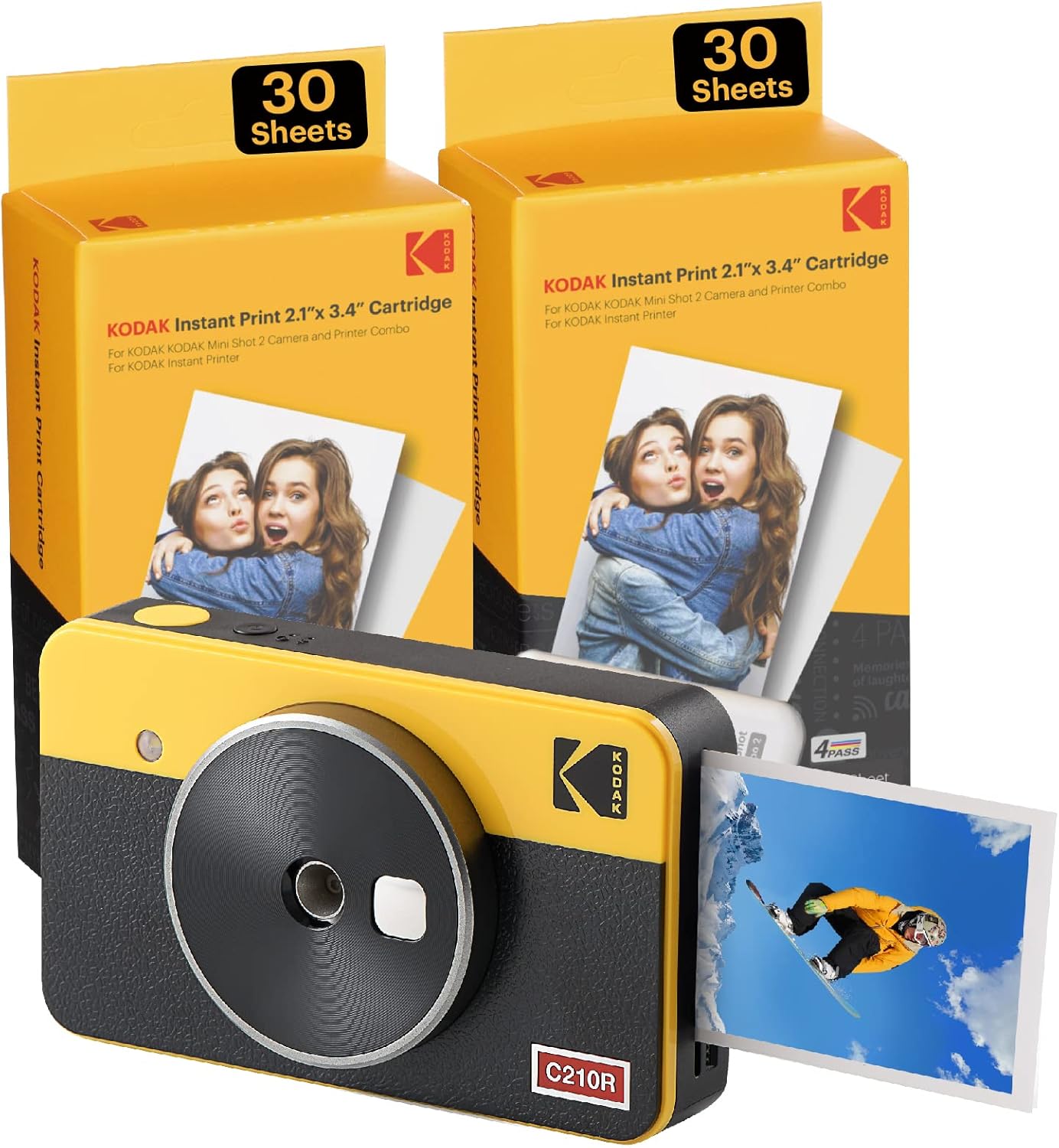 Kodak Mini Shot 2 Retro | 68-Sheet Bundle | Portable Wireless Instant Camera & Photo Printer, Compatible with iOS & Android and Bluetooth Devices, Real Photo (2.1x3.4) 4Pass Technology - Yellow : Electronics