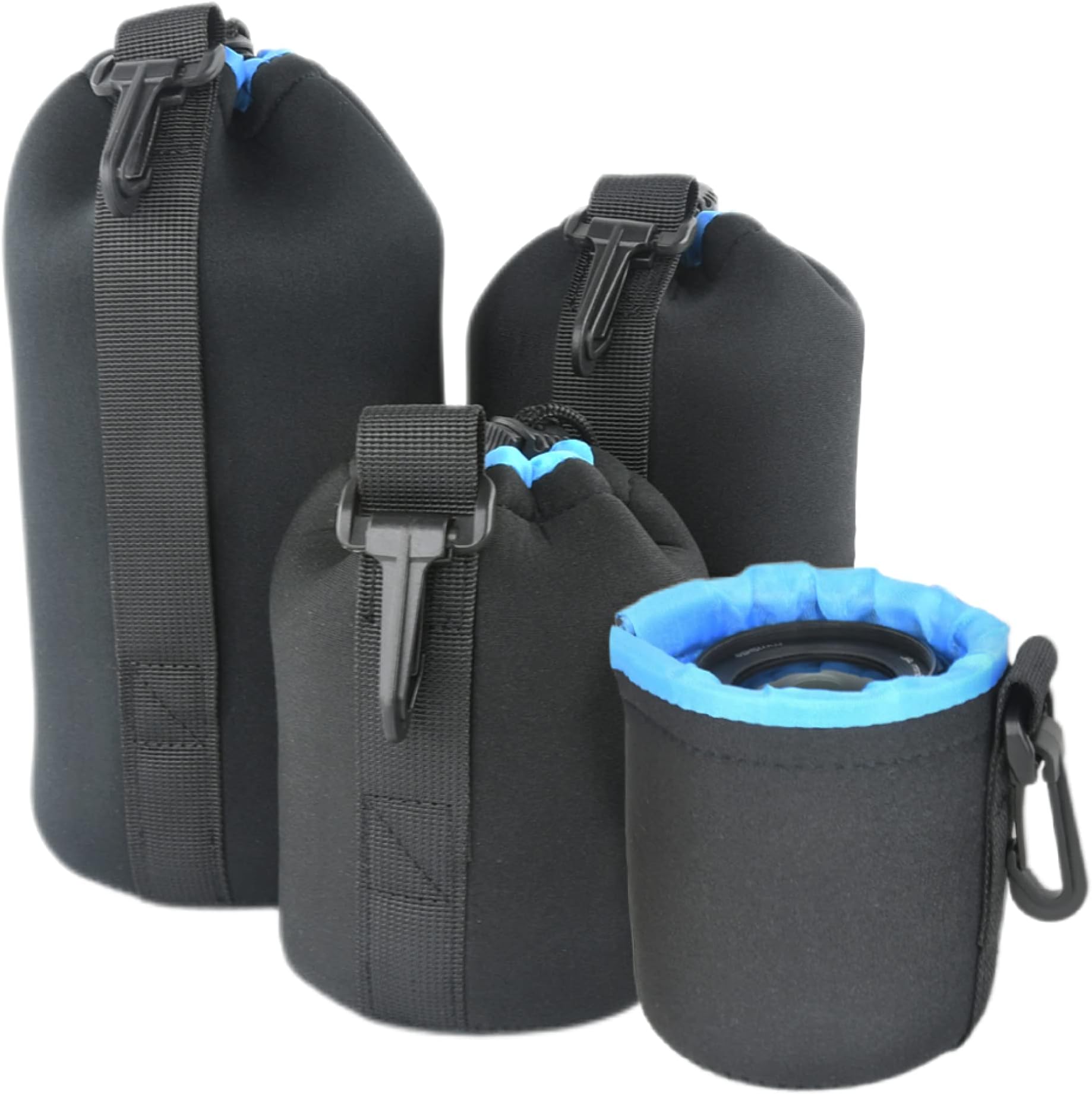 Foto&Tech 4 Pieces 5mm Extra Thick Neoprene Lens Bag Pouch with Adjustable Drawstring and Swivel Clip Compatible with DSLR SLR Camera Lenses (S, M, L, XL)