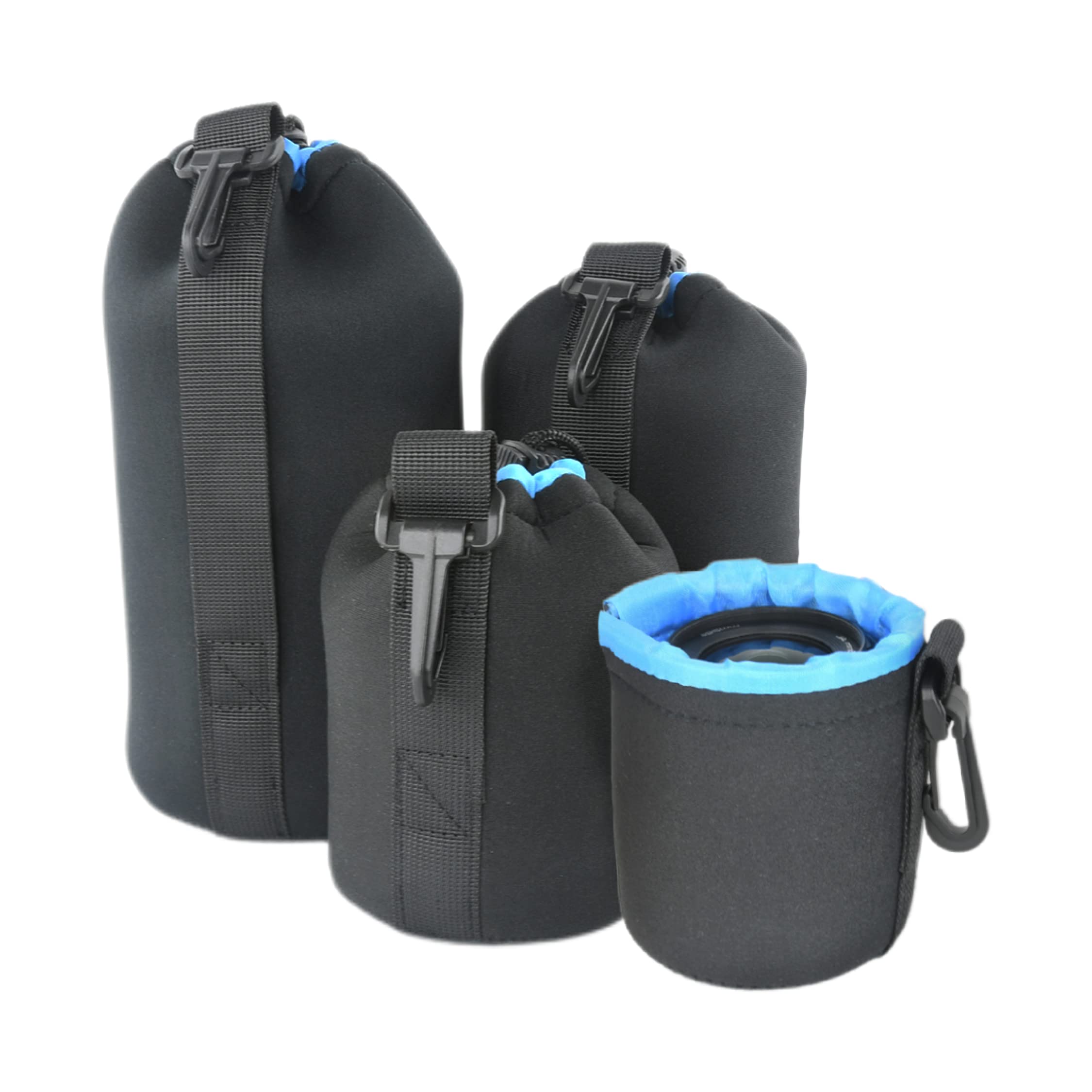 Foto&Tech 4 Pieces 5mm Extra Thick Neoprene Lens Bag Pouch with Adjustable Drawstring and Swivel Clip Compatible with DSLR SLR Camera Lenses (S, M, L, XL)