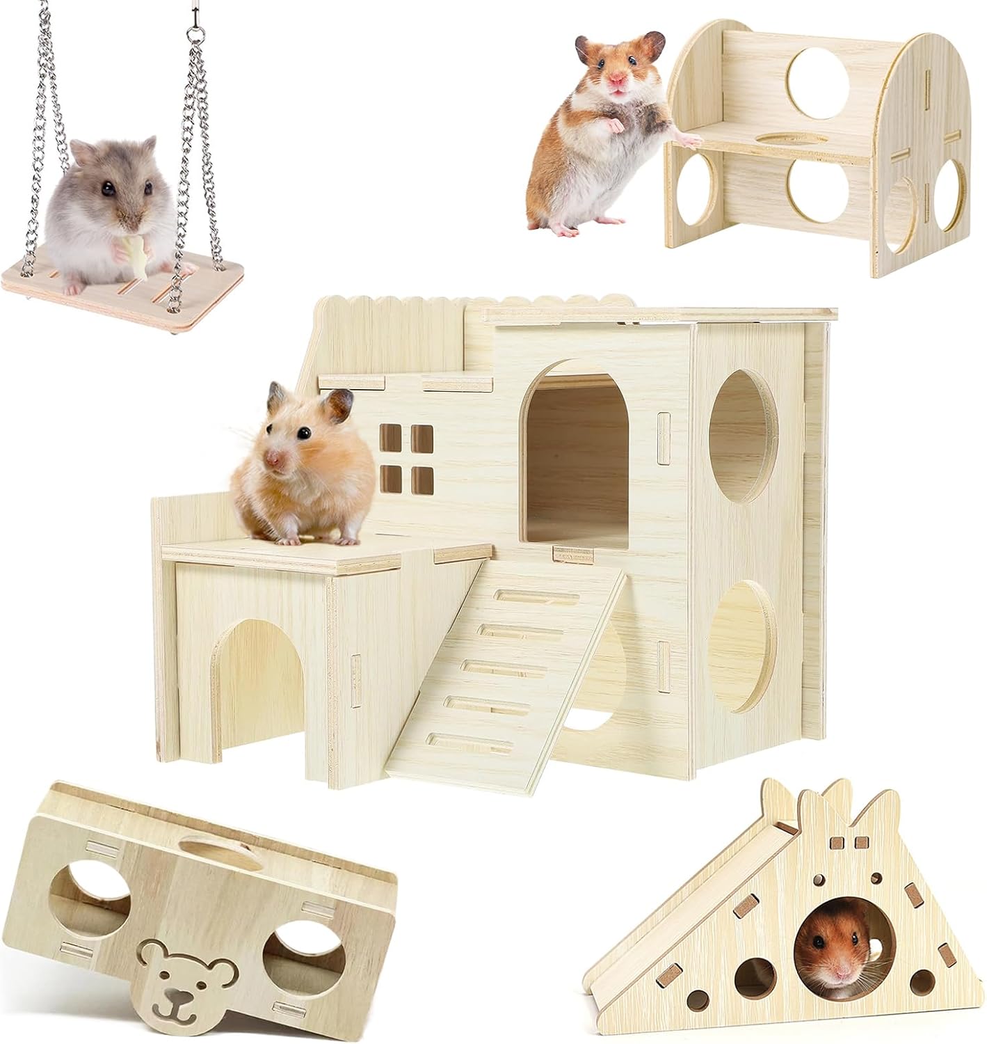 Large Wooden Hamster House Castle with Double Decker,Large Hamster, Wooden Hamster Houses,Dwarf Hamster Habitat Hideout with Climbing Ladder,Large Guinea Pig Castle Detachable Hideouts(c)