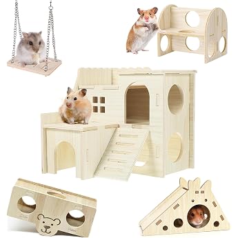 Pack of 5 DIY Wooden Hamster Toys House Hideout with Chew Toy Bridge Seesaw and Swing Toy Hiding Place for Guinea Pigs Chinchillas Gerbils Wood