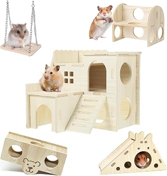 Hamster Toys 5-Piece Set ,Hamster House, Swing, Climbing Ladder, Seesaw & Exercise Wheel,Pet DIY Sport Exercise Toys Set, Small Animal Habitat Accessories ,Gerbils, MiceNatural Wood
