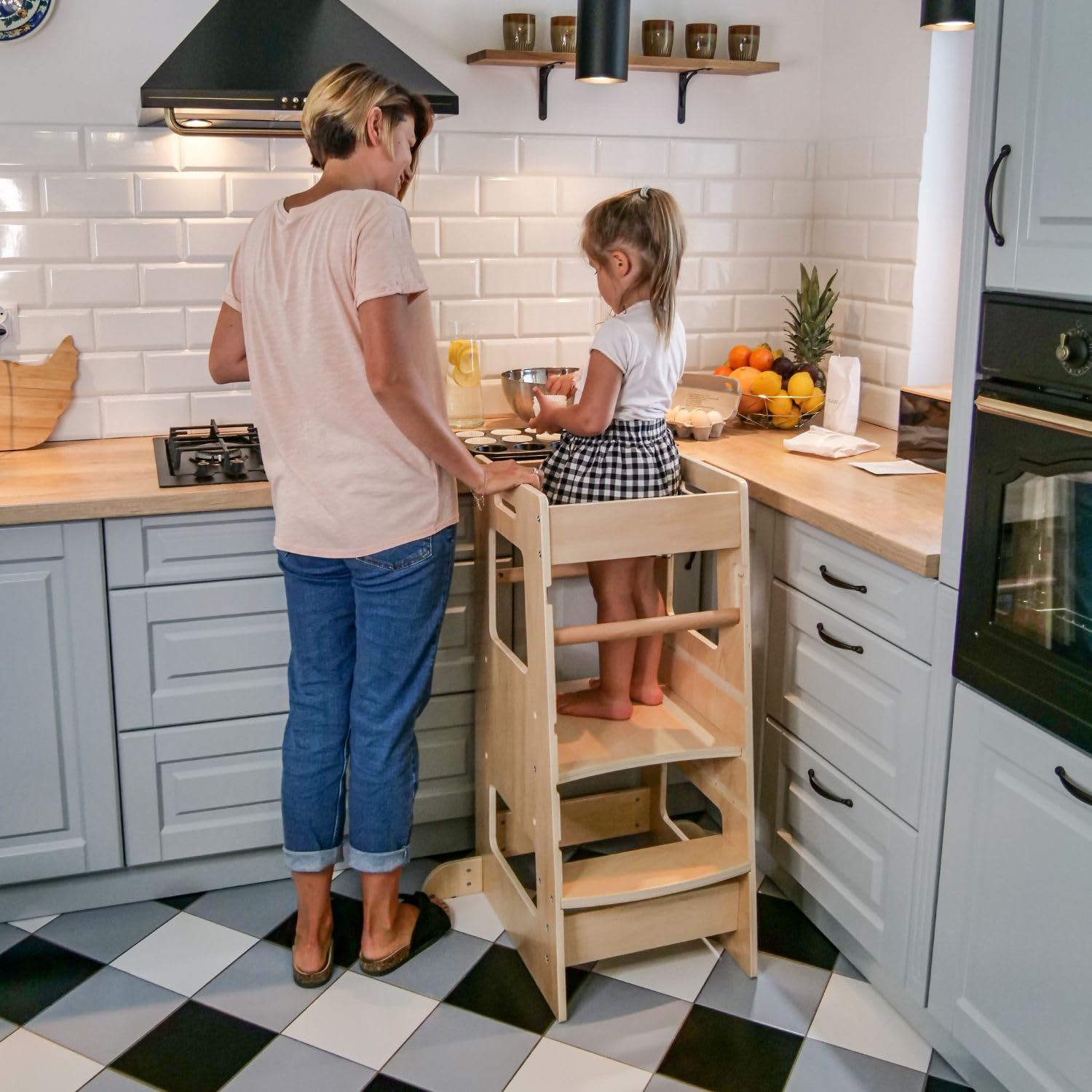 KiddyMoon Pomocnik kuchenny dla dzieci stołek edukacyjny wieża dla dzieci krzesło do nauki regulowany poziom wysokości meble Montessori, gadżety kuchenne dla niemowląt, ST-003, czarny/naturalny