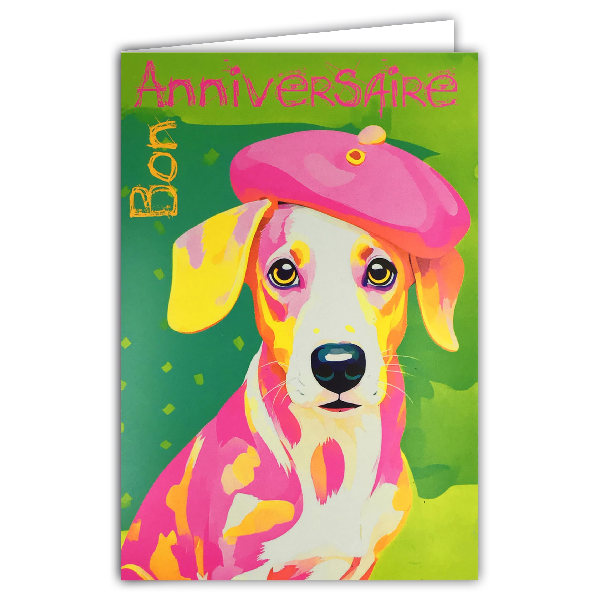 69-8105 Happy Birthday Card with Envelope 12 x 17.5 cm - Illustration Little Dog Cute Puppy with Pink Beret Basque Hat - Real Neon Inks - Created and Made in France