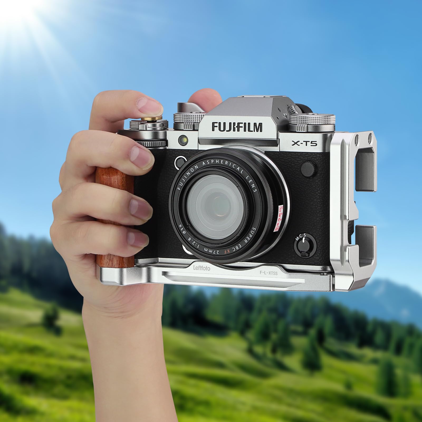 Leftfoto XT5 Maniglia a forma di L con impugnatura in legno per fotocamera Fuj XT5, con piastra a sgancio rapido Arca inferiore integrata, con pulsante di scatto in rame..