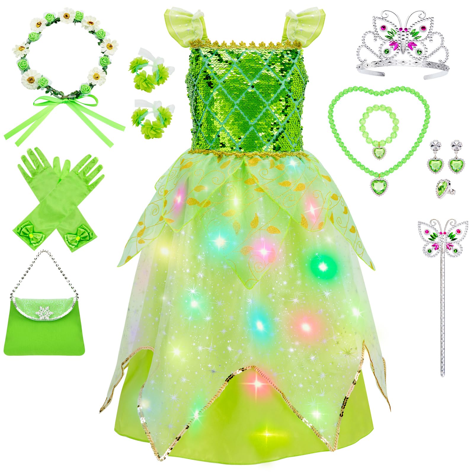 WIKITOT Green Fairy Princess Dress up for Girls, 14 Pieces Light up World Book Day Costumes for 3-6 Year Old Kids & Toddlers (S(3 to 4 Years))