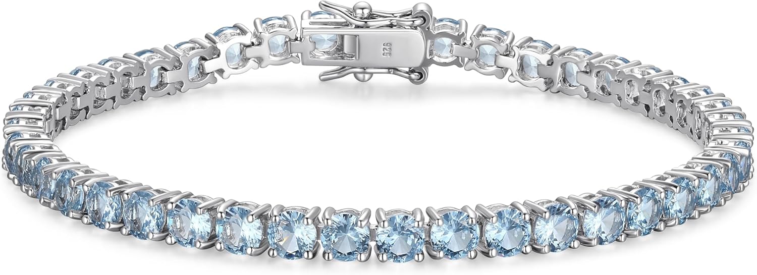 MORGAN & PAIGE .925 Sterling Silver Birthstones Tennis Bracelets for Women - Genuine Natural or Created 4mm Gemstone Round Cut Sterling Silver Bracelet, Jewelry Birthday Gifts for Women 7.25 inch