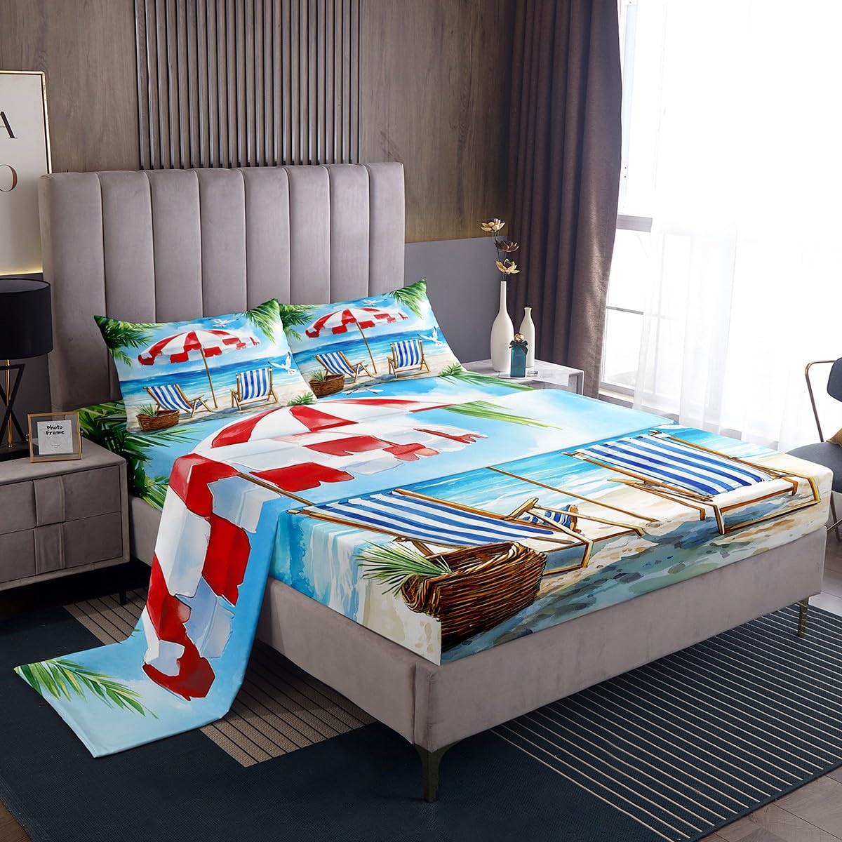 jejeloiu Beach Fitted Sheet Full Size Kids Summer Ocean Bedding Set for Boys Girls Teens Baby Blue Bed Sheets Set Breathable Soft Lightweight