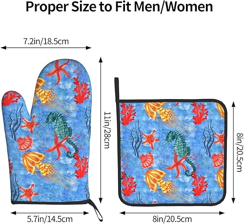 Miniatura 3 de Juego de 2 guantes de horno con patrón de conchas de caballo marino y soportes para ollas, guantes de microondas resistentes al calor,