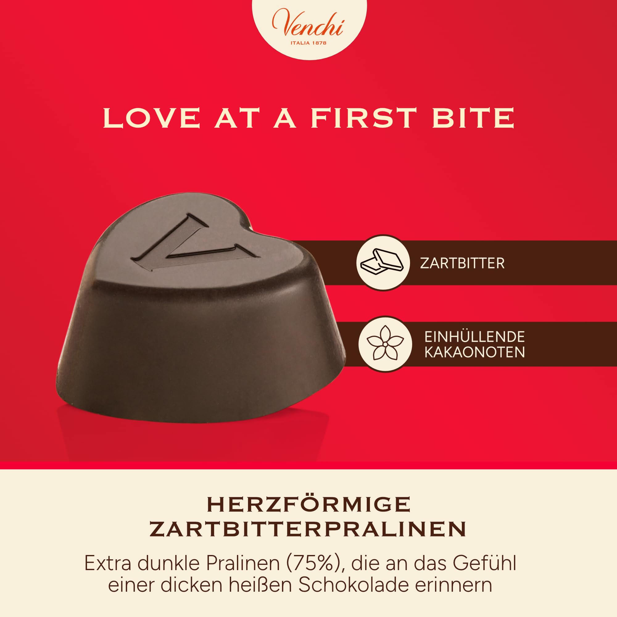 Venchi - Herzförmige Pralinen, Extra Zartbitter, 1 Kg, Vegan, Glutenfrei, Ohne Farb- und Konservierungsstoffe, Geschenkidee zum Muttertag