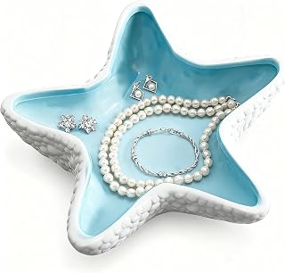 SANTUO Plato de joyería de cerámica con diseño de estrella de mar, bandeja para llaves para decoración de mesa de café, regalos para el nuevo hogar y regalos de compromiso, color azul océano