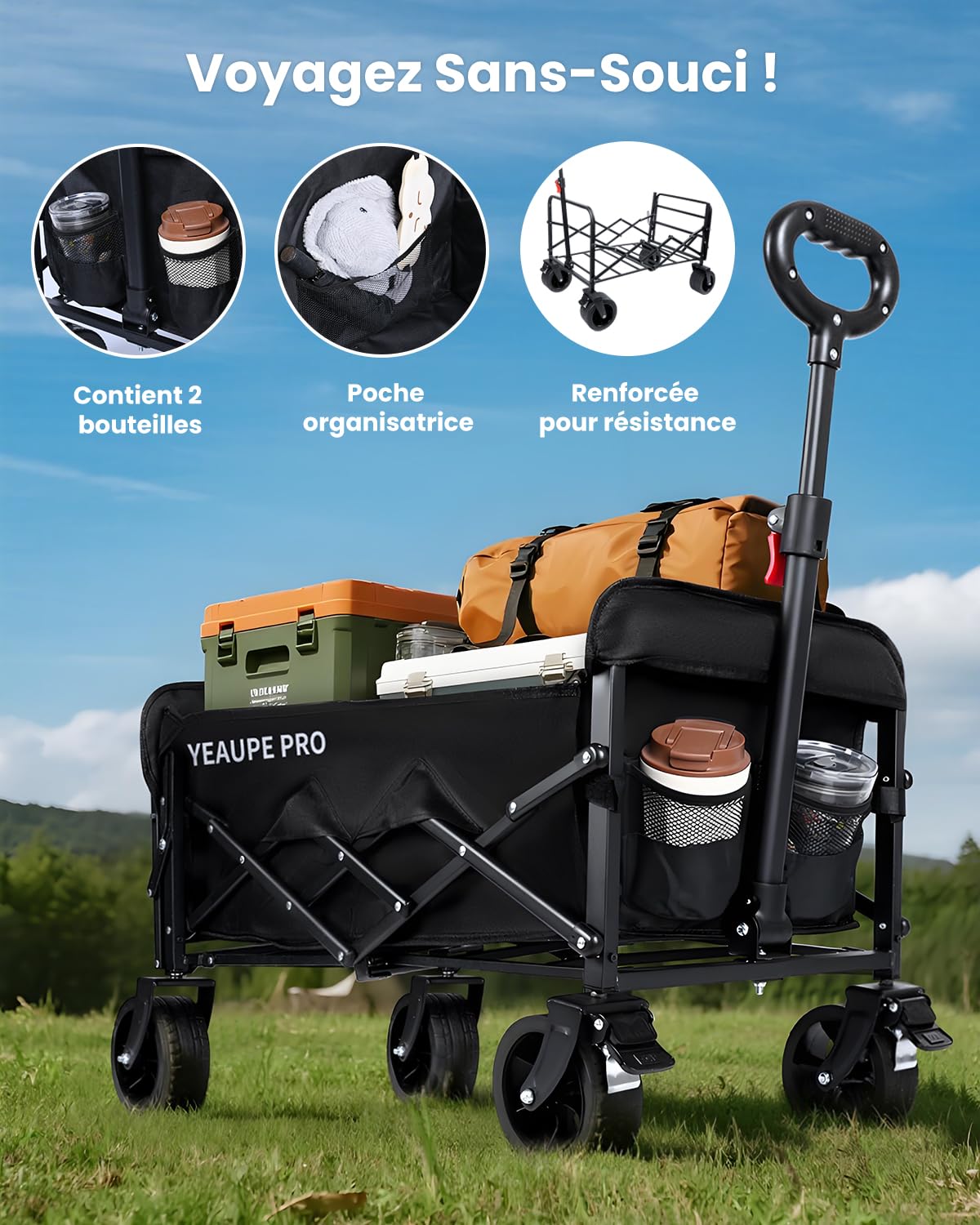 YEAUPE PRO Chariot de Plage Pliable Capacité Max. 125L 100KG, Chariot de Transport à roulettes Tout Terrain Poignée Réglable Charrette pour Extérieur Camping Pique, avec Poche intérieure