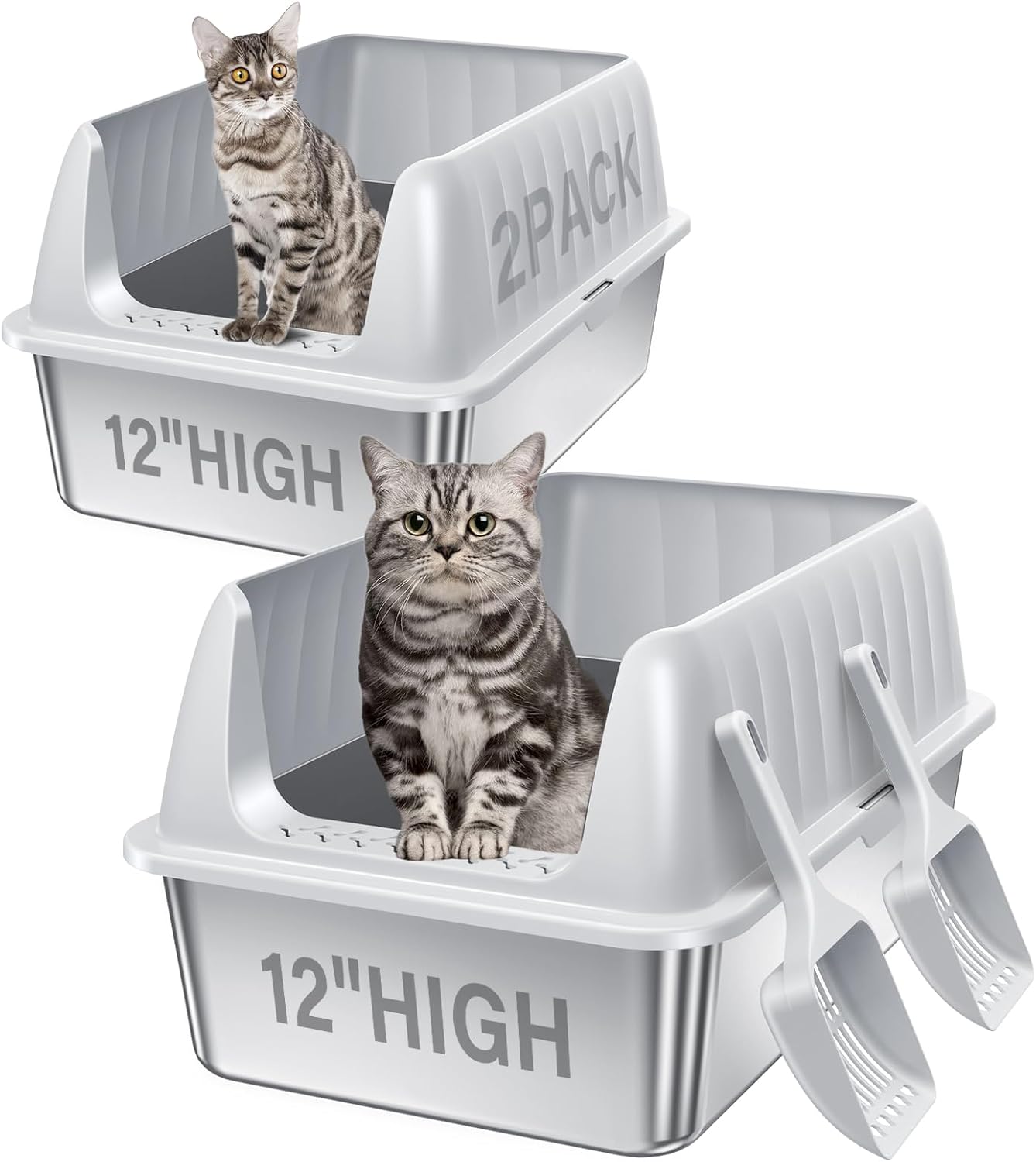 Stainless Steel Litter Box with Lid, Extra Large Metal Litter Box Pan with Scoop for Cats High Sided, Non-Sticky, Anti-Urine Leakage, Easy Cleaning 2 Pack-Light Grey 23.6"x16"x12"