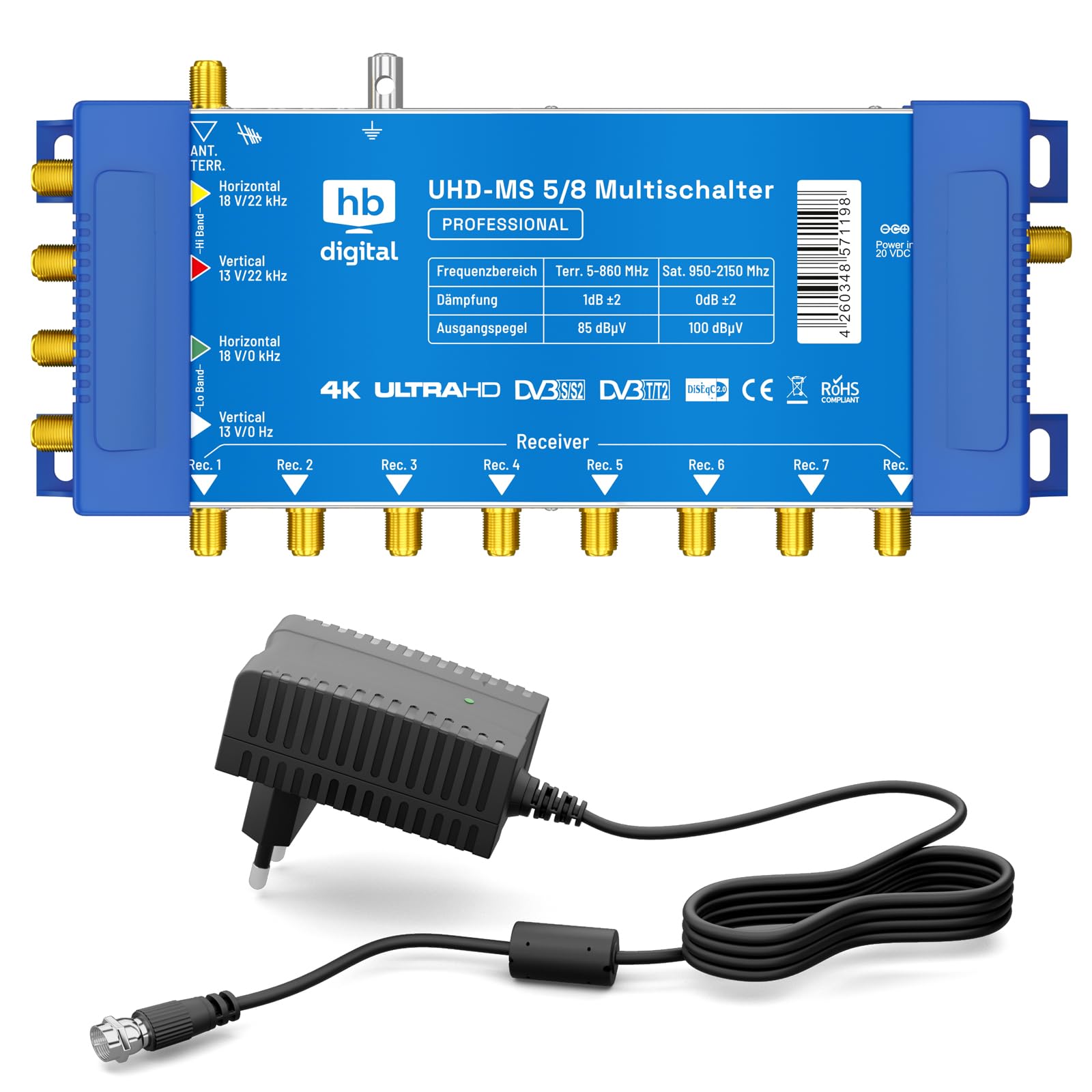 Commutateur Multiple Pmse 5/8 HB-Digital 1x Sat jusqu'à 8 récepteurs/récepteur pour TV Full HDTV 3D 4K UHD avec Bloc d'alimentation