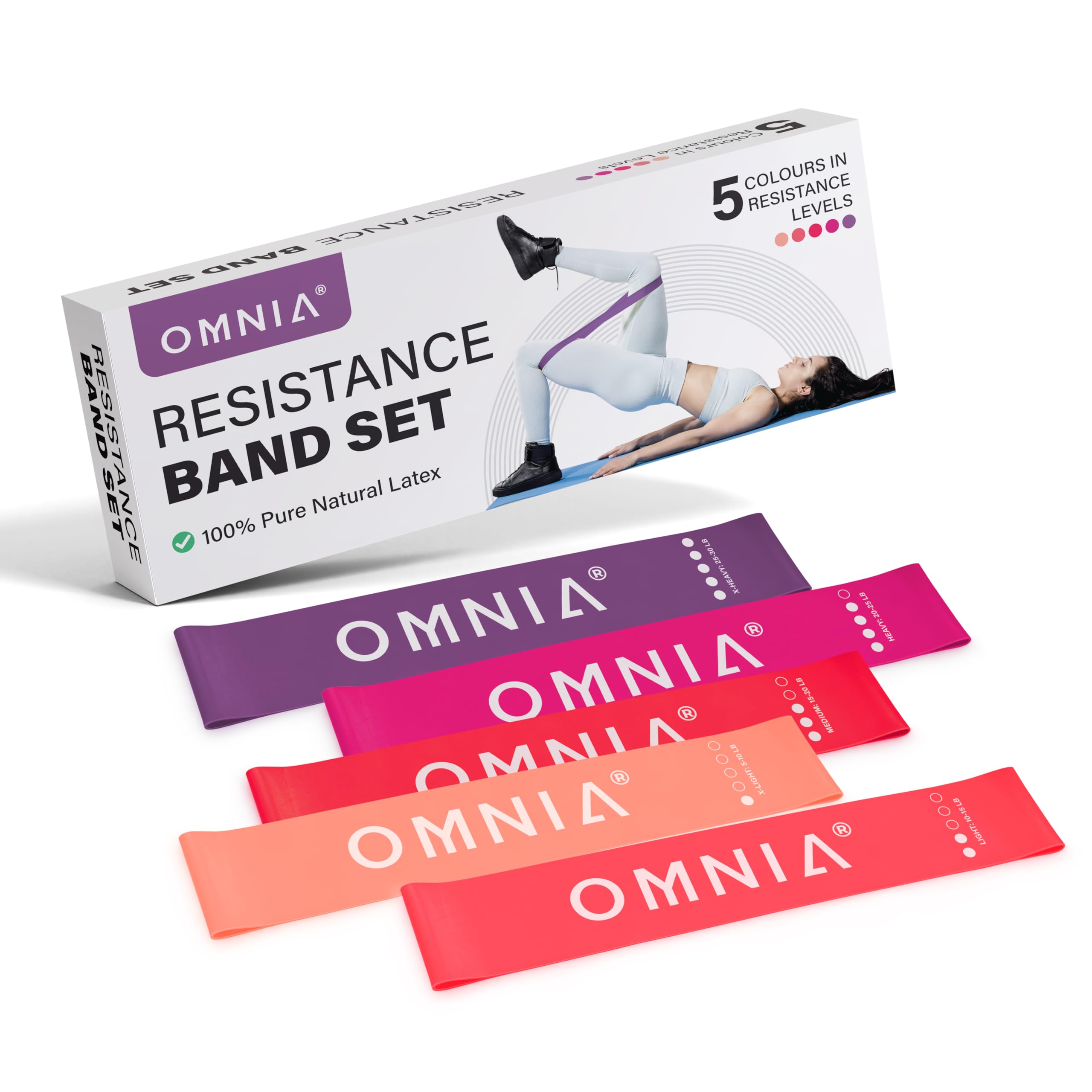 OMNIA Resistance Bands Set for Home Workouts – Durable Exercise Bands for Strength Training, Yoga, Pilates, Physio – 5 Resistance Levels – Unisex Fitness Bands (Pink/Purple)