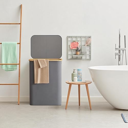 Miniatura 71 de Lifewit Cesta grande de 100 litros con tapa para ropa con asas de bambú y bolsa extraíble, plegable para dormitorio, baño, residencia universitaria