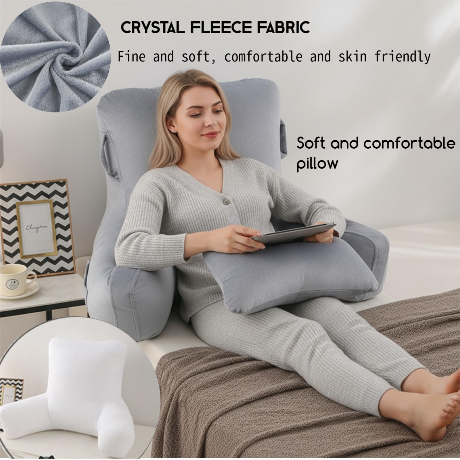 Almohada de Lectura para Adultos con reposabrazos: Suave cojín de Terciopelo Ideal para Leer, Ver la televisión o Jugar, con Bolsillos Laterales y Funda Lavable. (Gris Claro)
