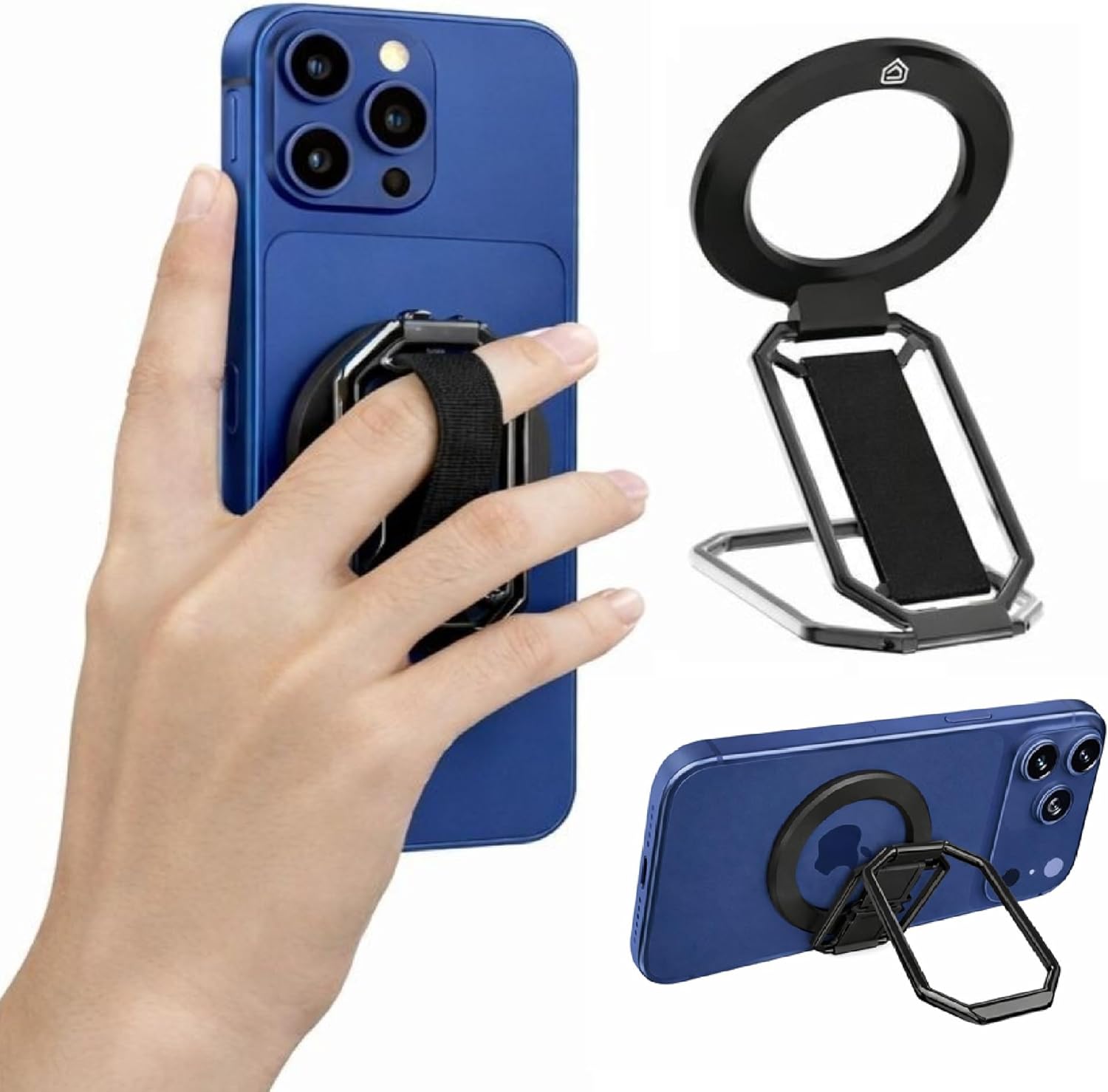 MagSafe Phone Grip Stand - 3 in 1Strong Magnetic Metal Kickstand & Finger Strap Holder for iPhone 17-12 Series