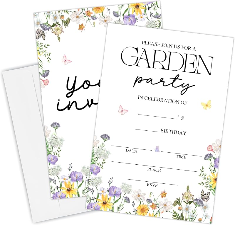 20 Garden Party Birthday Invitation Card With Envelopes,4" x 6" Double-sided Fill In Invites For Boys, Girls, Floral Birthday Party Invitation Cards Supplies - A04