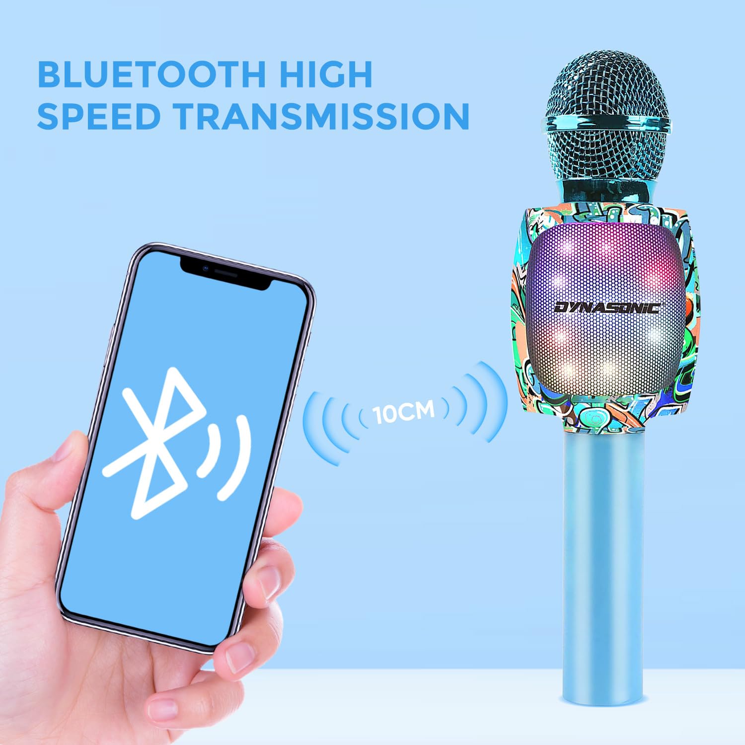 DYNASONIC Microfono per karaoke Bluetooth, giocattoli per bambini e bambine, microfono senza fili, portatile, con luci LED per bambini, regali originali per bambini (DM-05 blu)
