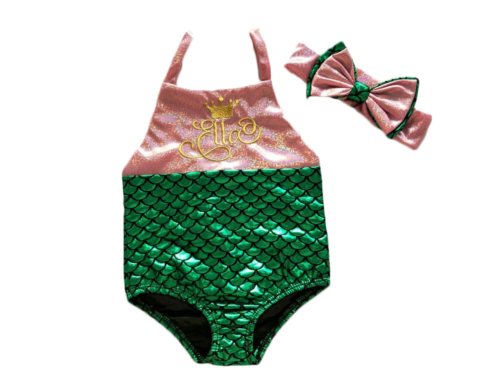 2 Style Baby Girl Mermaid Sequins Swimsuit Bow Romper Headband Bikini Swimming Suit (70(3-6 Months), Green)