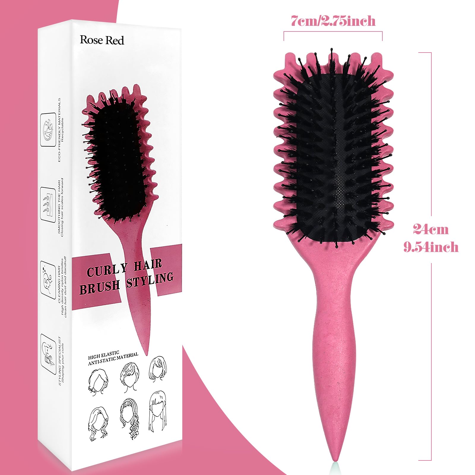Sularpek Curly Hair Brush - Boar Bristle Curl Defining Styling Brush for Detangling Shaping, and Defining Curls - Rose Red - Image 2