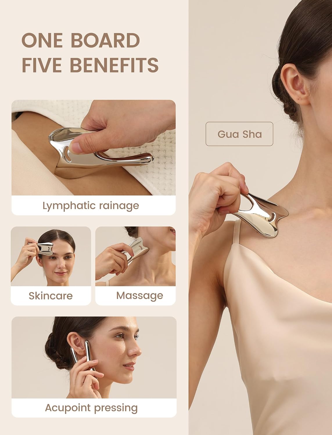 Lemove Stainless Steel Gua Sha Facial Tool - Massage Tool for for Face, Jawline Shaper, Reducing Double Chin, Whole Body Gua Sha Tool, Lymphatic Drainage Massager, Facial Skin Care - Silver