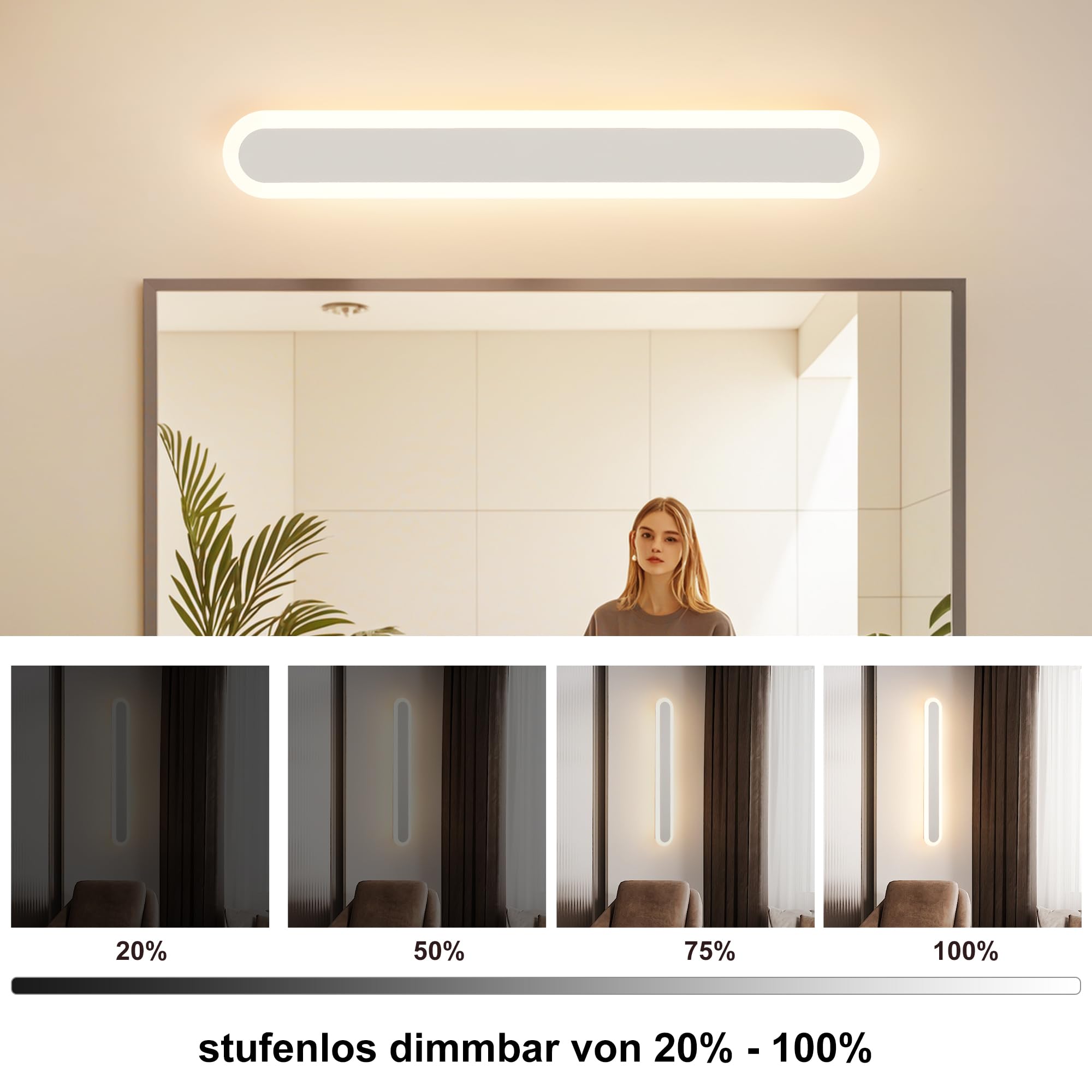 Aplique de pared LED para interiores - Pipe Light 60 cm, blanco, lámpara de pared delgada, lámpara de espejo para baño, iluminación de pared universal para baño, dormitorio, salón …