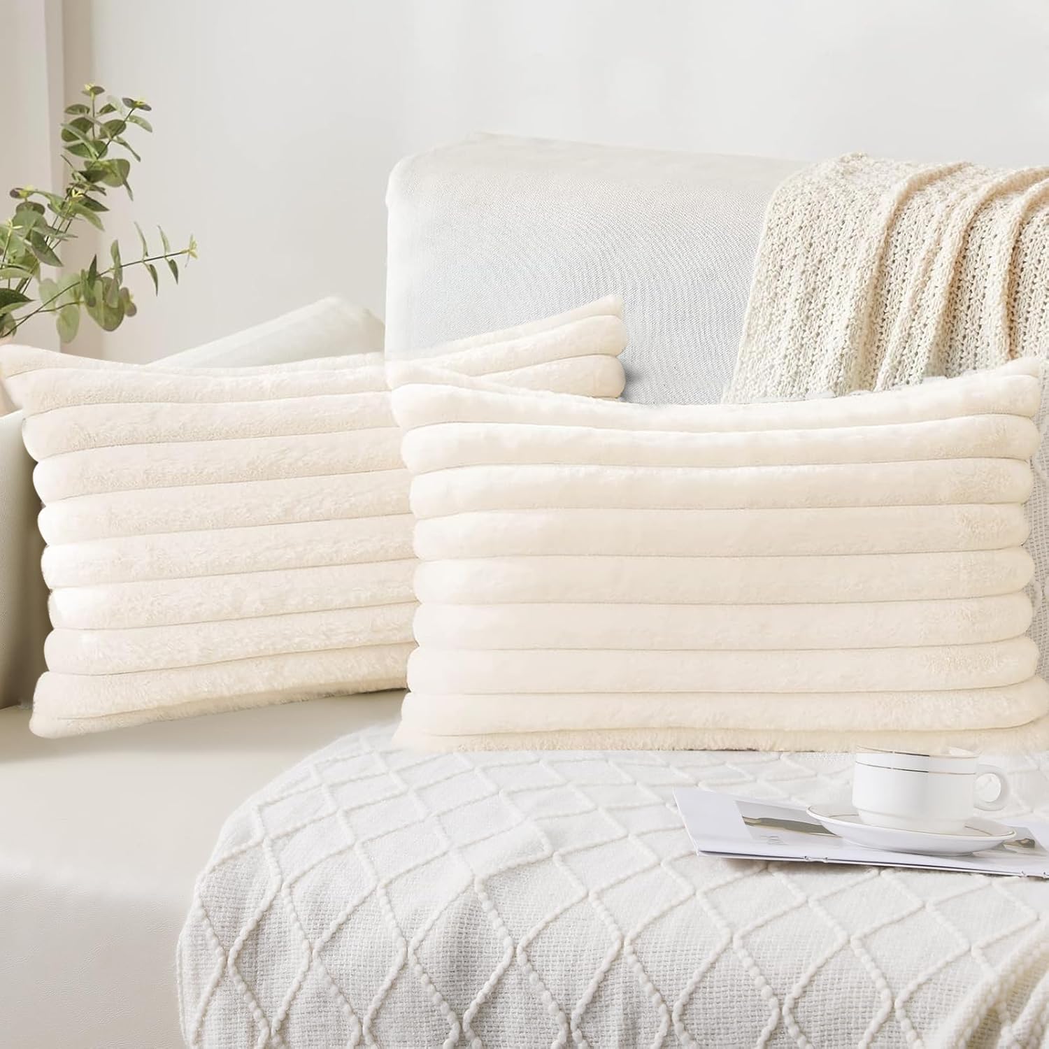 Faux Fur Plush Throw Pillow Covers Set of 2 - Soft Fluffy Striped Decorative Pillow Covers Cushion Cases for Sofa, Couch,Bedroom,Living Room (Cream White, 12X20 Inch/30x50cm)