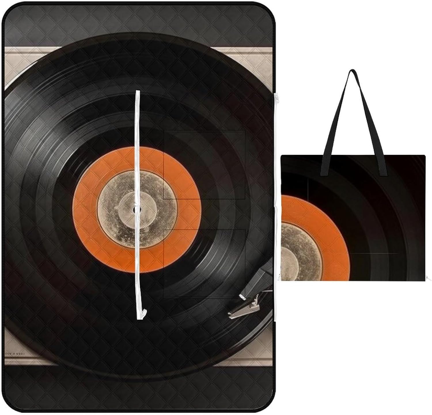 Vintage Vinyl Record Picnic Blanket 200x200cm, Foldable 2-in-1 Picnic Mat and Tote Bag Portable Waterproof Beach Mat Sandproof Outdoor Blanket for Park, Hiking, Beach, Camping, Travel