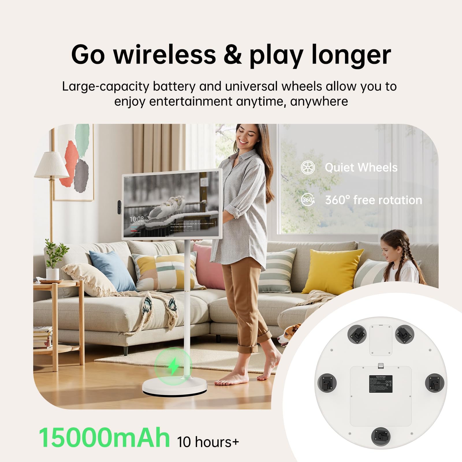 ApoloSign 32 inch UHD 4K Smart Portable TV Gen2, 16G +256G Storage, Android 15 OS, 15000mAh, Rolling TV on Wheels with Rotatable Touch Screen, Built-in Battery, Full Swivel Rotation, Voice Remote