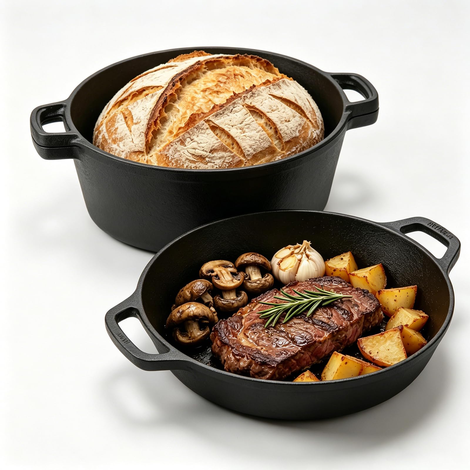 Cast Iron Dutch Oven, 5 QT/4.5L 2 in 1 Dutch Oven Potwith Skillet Lid and Double Handles, for Bread Baking, Stew & Casserole - Compatible with Induction, Gas, Camping, Fire, BBQ & Grill, 26CM