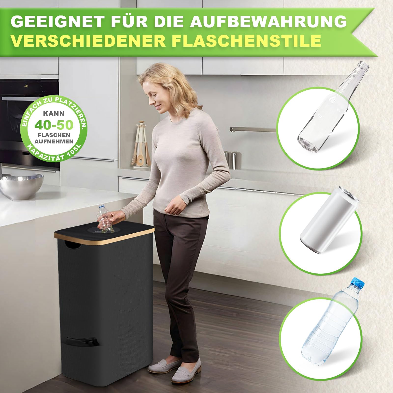 Cestello Raccolta Differenziata 145L Con 2 Sacchetti Estraibili – In Bambù E Oxford Beige, Contenitore Per Bottiglie Con Coperchio Antiodore