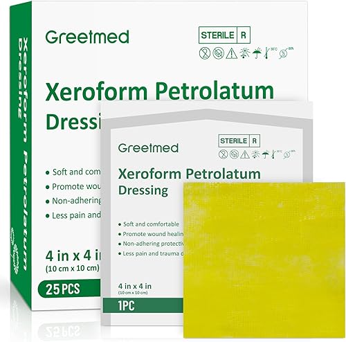 Xeroform - Aderezo de vaselina de 4 x 4 pulgadas, paquete individual de 25 almohadillas de gasa antiadherentes, de grado médico, de malla no