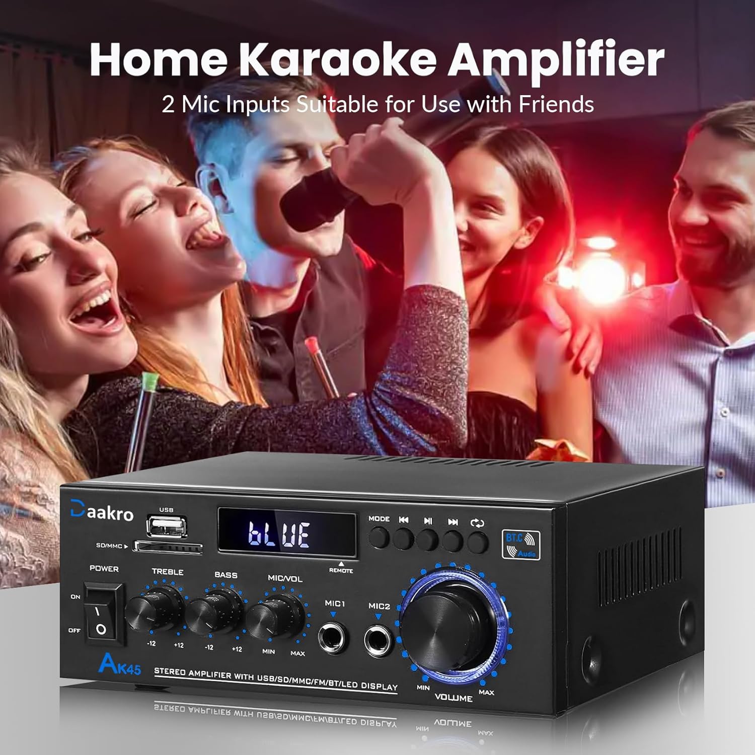 Daakro AK45 amplifier used in a home karaoke setting with two microphones
