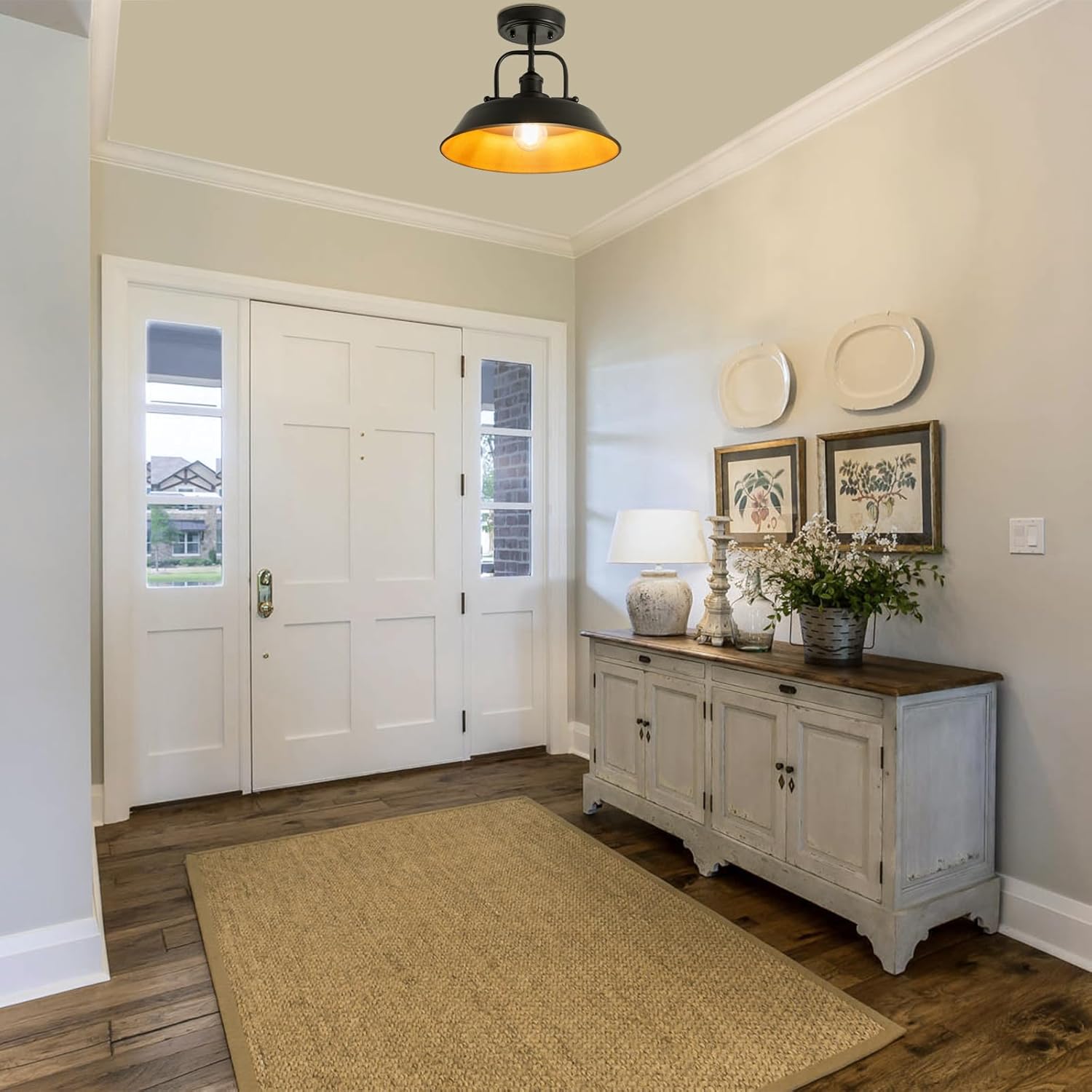 Semi Flush Mount Close to Ceiling Light, 12.6-Inch Farmhouse Industrial Fixture with Matte Black Shade and Gold Interior, E26 Base Vintage Ceiling Lamp for Kitchen, Hallway, Bedroom, Entryway