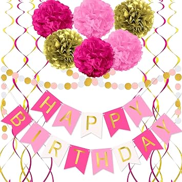 Hot Pink and Gold Birthday Decorations, Happy Birthday Banner with Pom Poms Paper Circle Garland Swirl Streamers for Girls Women Party Supplies