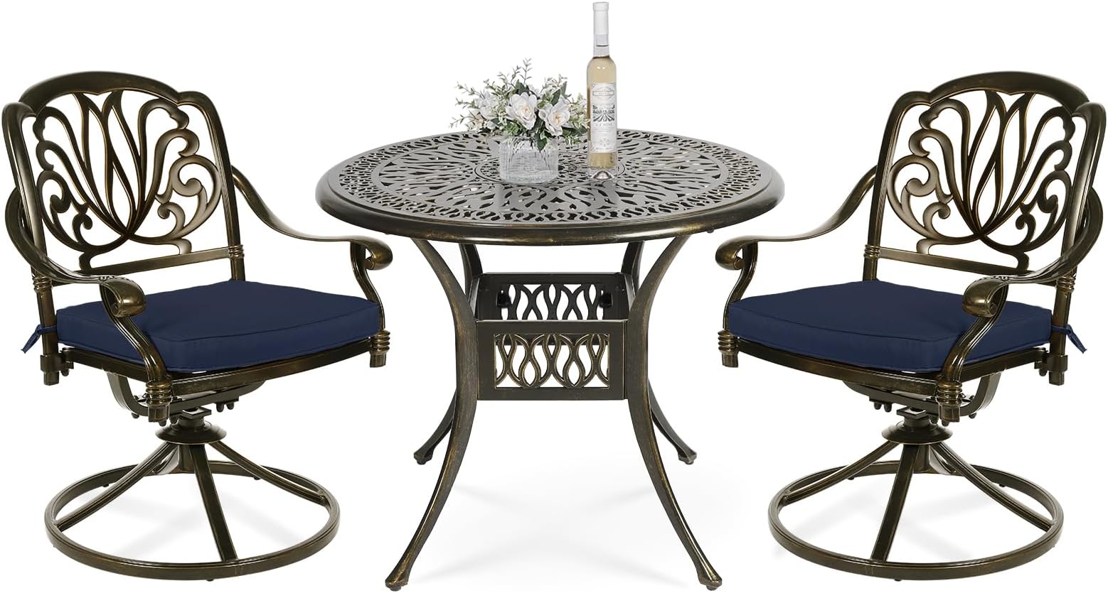 VIVIJASON 3-Piece Patio Furniture Dining Set, Outdoor All-Weather Cast Aluminum Bistro Set, Include 2 Swivel Chairs and 35.4" Round Table w/Umbrella Hole for Balcony, Lawn, Garden (Navy Blue Cushion)