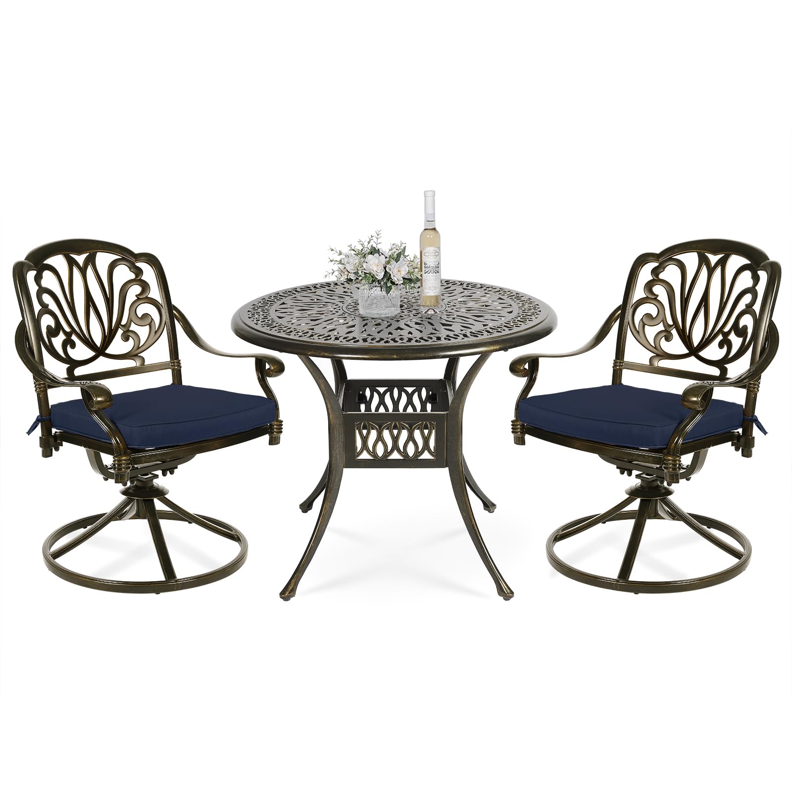 VIVIJASON 3-Piece Patio Furniture Dining Set, Outdoor All-Weather Cast Aluminum Bistro Set, Include 2 Swivel Chairs and 35.4" Round Table w/Umbrella Hole for Balcony, Lawn, Garden (Navy Blue Cushion)
