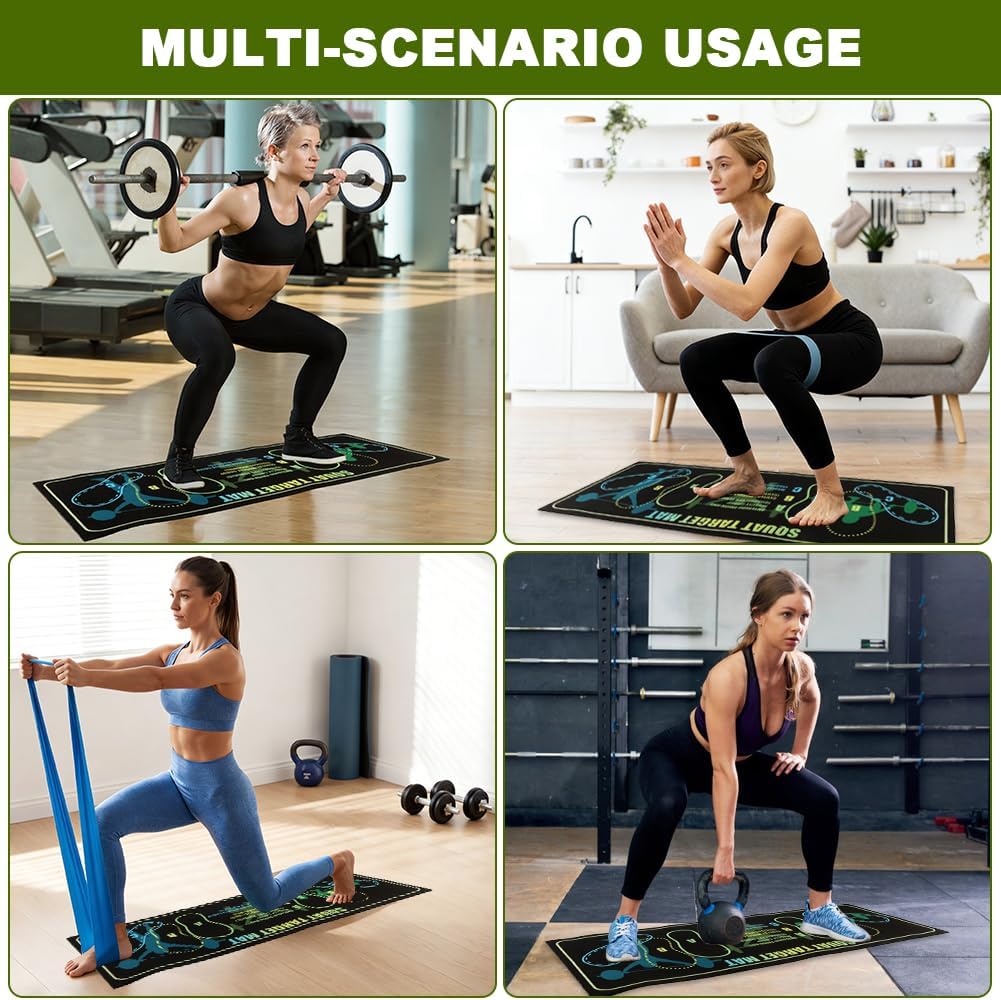 Non-Slip Squat Mat with Foot Position (31.5''x13.8''), Alignment Workout Mat for Squats & Lunges, Home Fitness Mat with Resistance Band