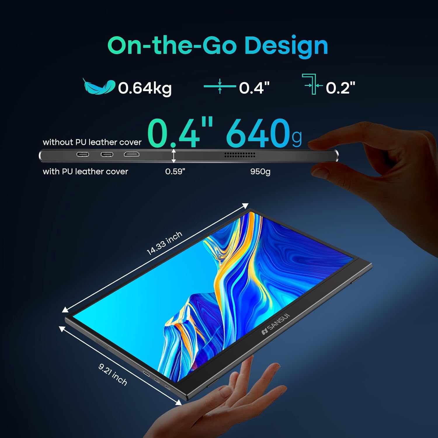 SANSUI portable monitor dimensions showing 14.33 inches length, 9.21 inches width, and 0.43 inches thickness without cover, and 0.59 inches thickness with PU leather cover. Weight is indicated as 0.64kg (640g) without cover and 950g with cover.