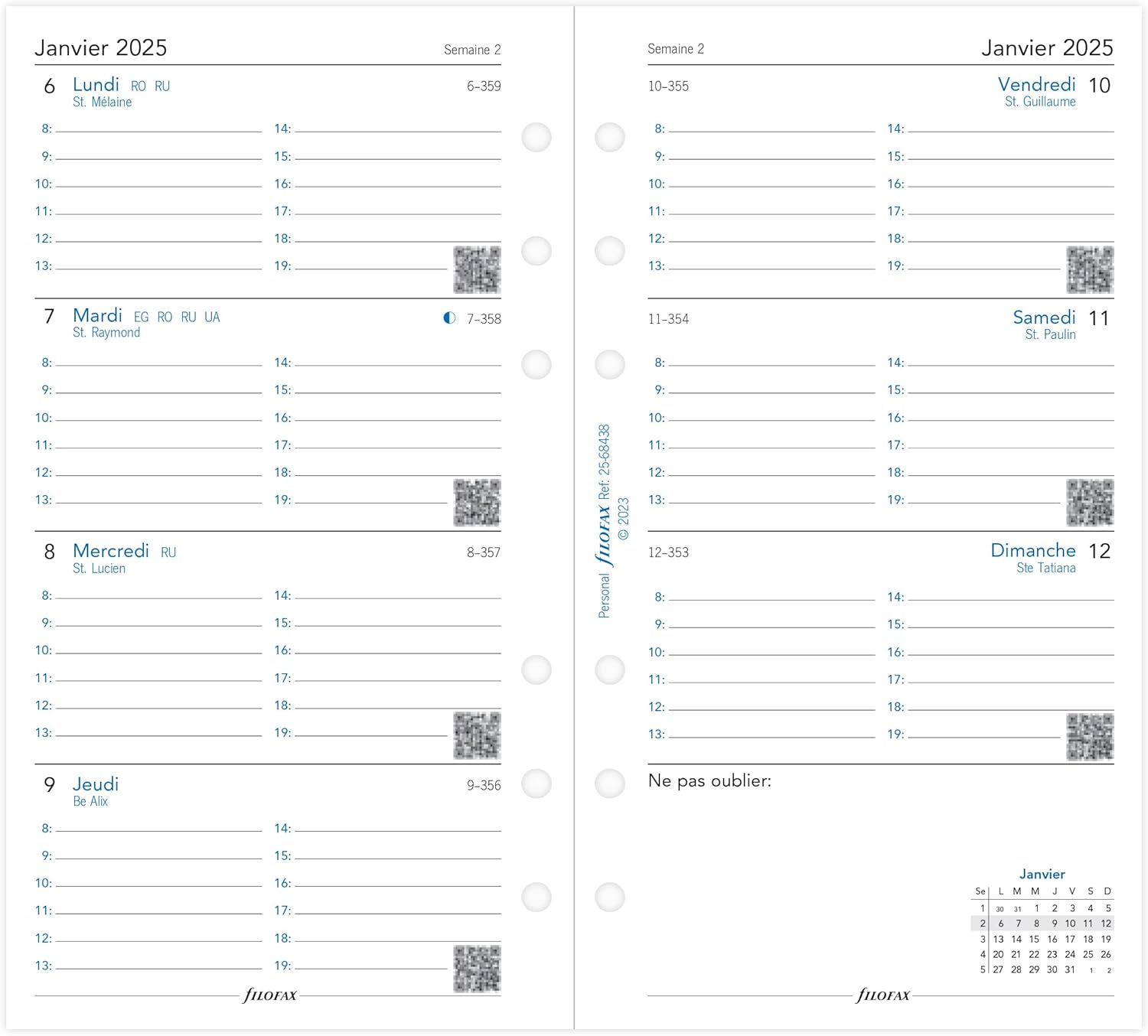 Filofax Personal 1 Week on 2 Pages Horiz.Lined French 2025