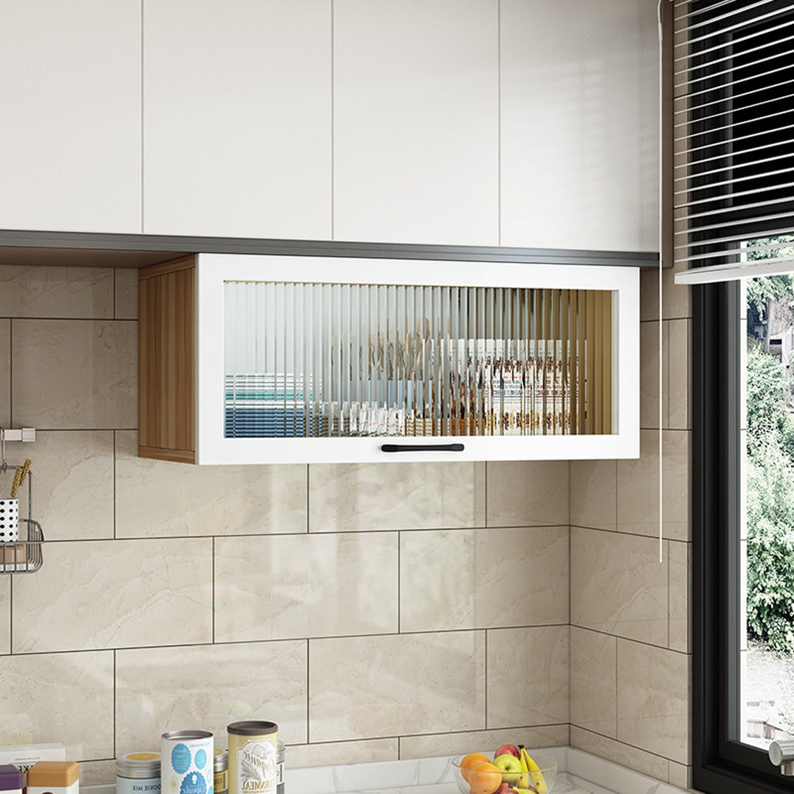 Vitrina mural estrecha de madera maciza con puerta de vidrio abatible Walnut y White 70cm