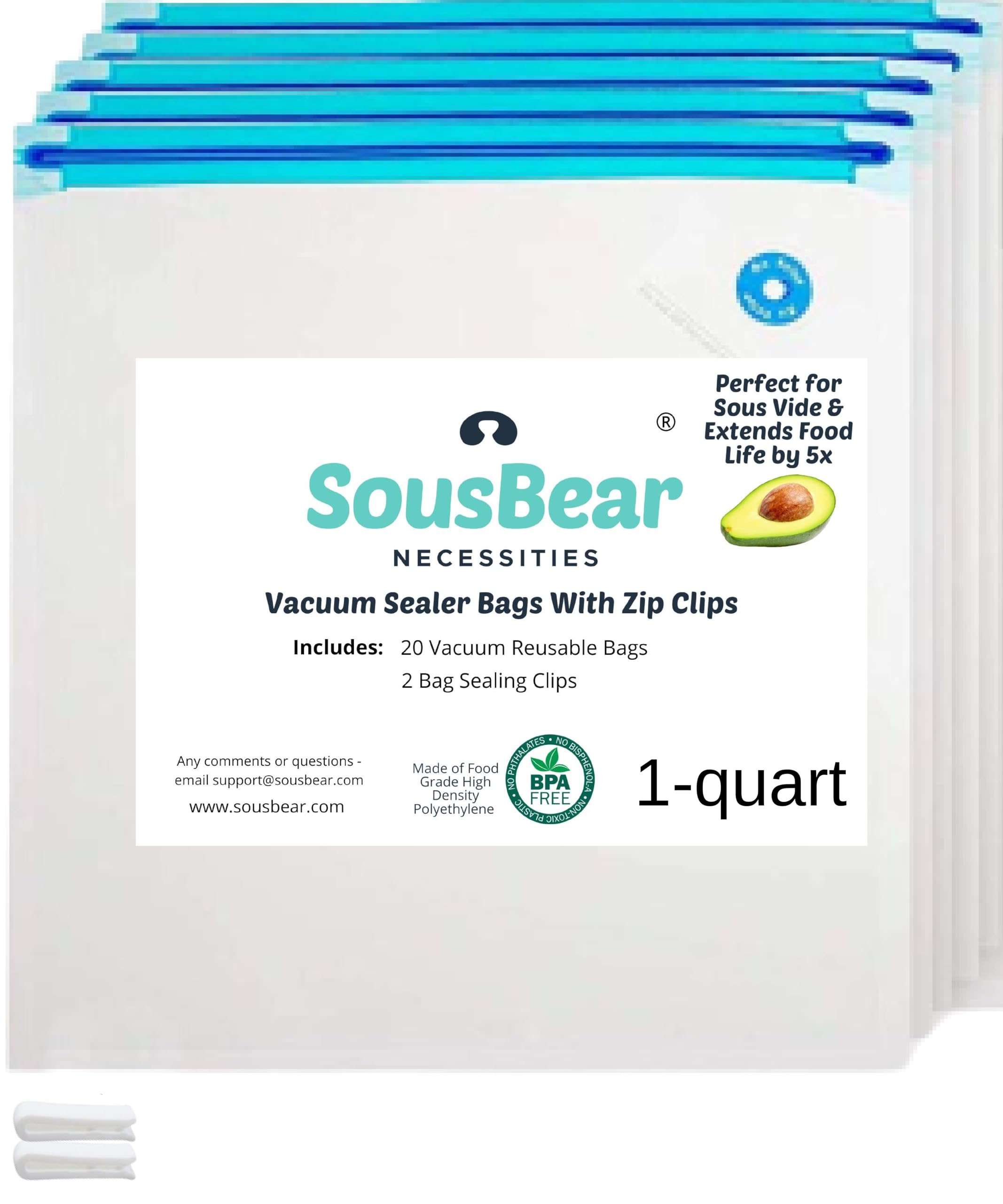 Vacuum Zipper Bags for Food - 20 Reusable Sous Vide Bags for Anova, Joule Cookers - Medium Size Sous Vide Bag Kit - 2 Sealing Clips for Food Storage and Sous Vide Cooking