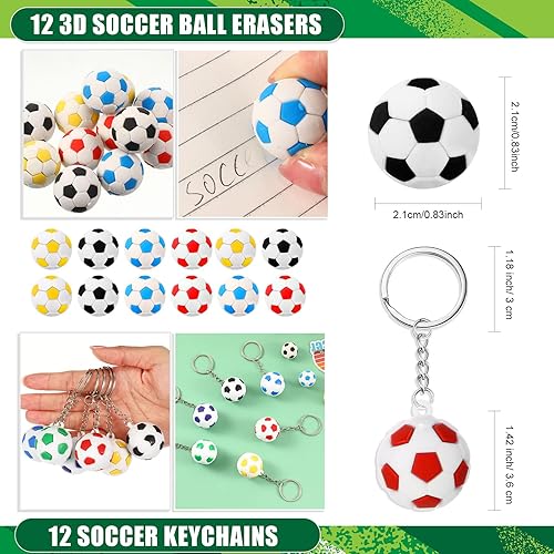 Miniatura 8 de 110 recuerdos de fiesta de fútbol incluyen 12 bolsas de regalos de fútbol, 12 silbatos de fútbol, 12 borradores de fútbol 3D, 12 llaveros, 12