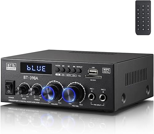 Miniatura 1 de Facmogu BT-398A Amplificador de audio digital estéreo, sistema amplificador de potencia de sonido HiFi Max 450Wx2, amplificador receptor de 2.0