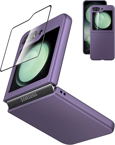 Eastcoo Funda delgada para Galaxy Z Flip 5, película de pantalla frontal dura transparente incorporada + parte trasera de policarbonato duro