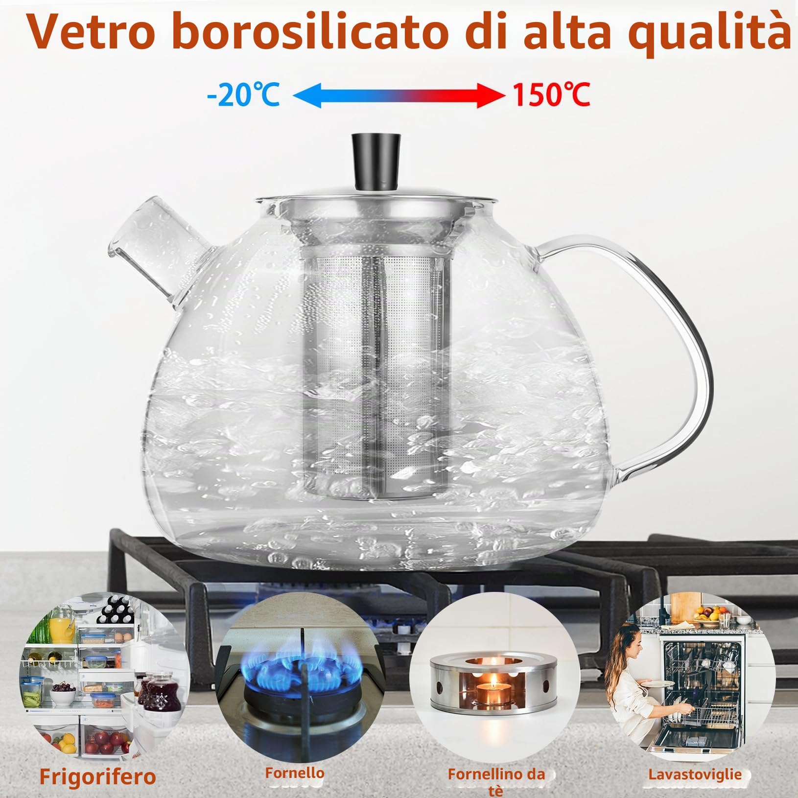 1,5 Litri Teiera con Infusore, Teiera in Vetro, Teiera Da Con Filtro Infusore in Acciaio Inossidabile Resistente Al Calore, Perfetto Per Tè E Caffè