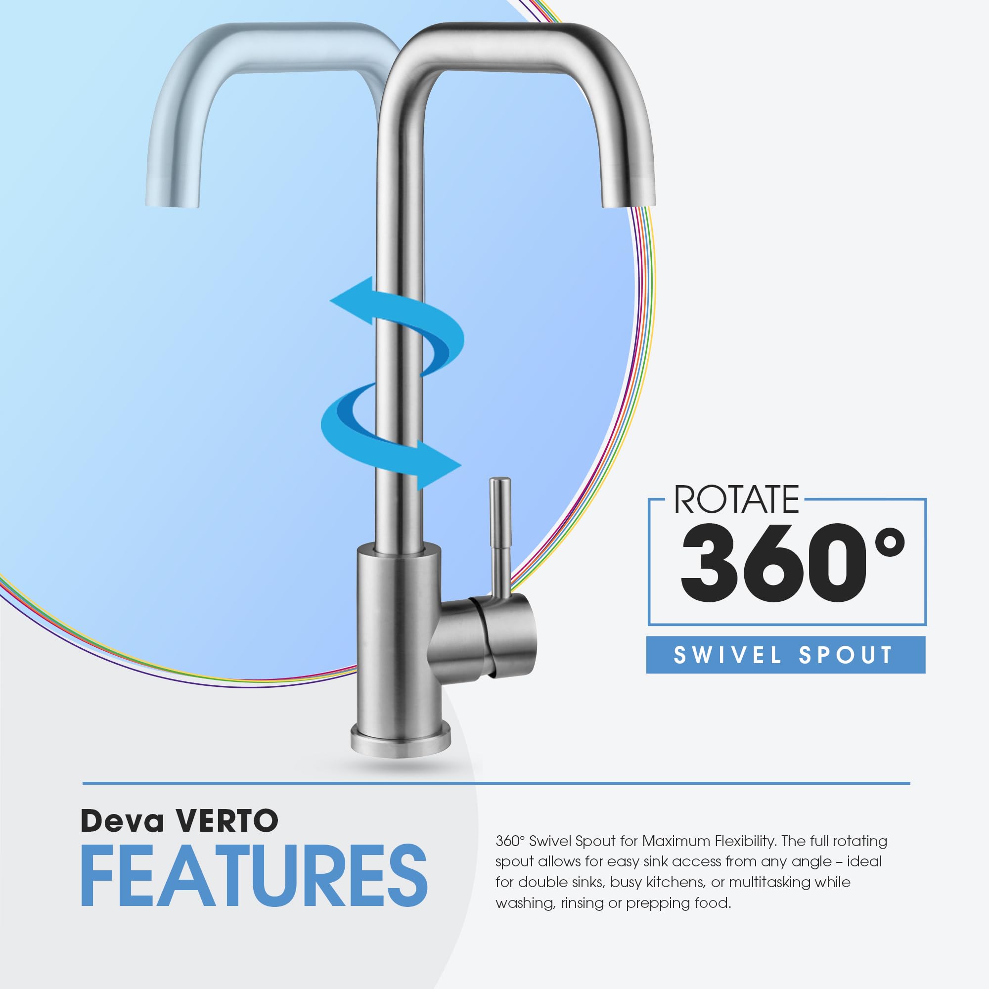 Deva Verto Mono Mixer Kitchen Tap, High Arc Monobloc Kitchen Sink Mixer Tap, 360° Swivel Single Lever Silver Mono Sink Mixer - Image 4